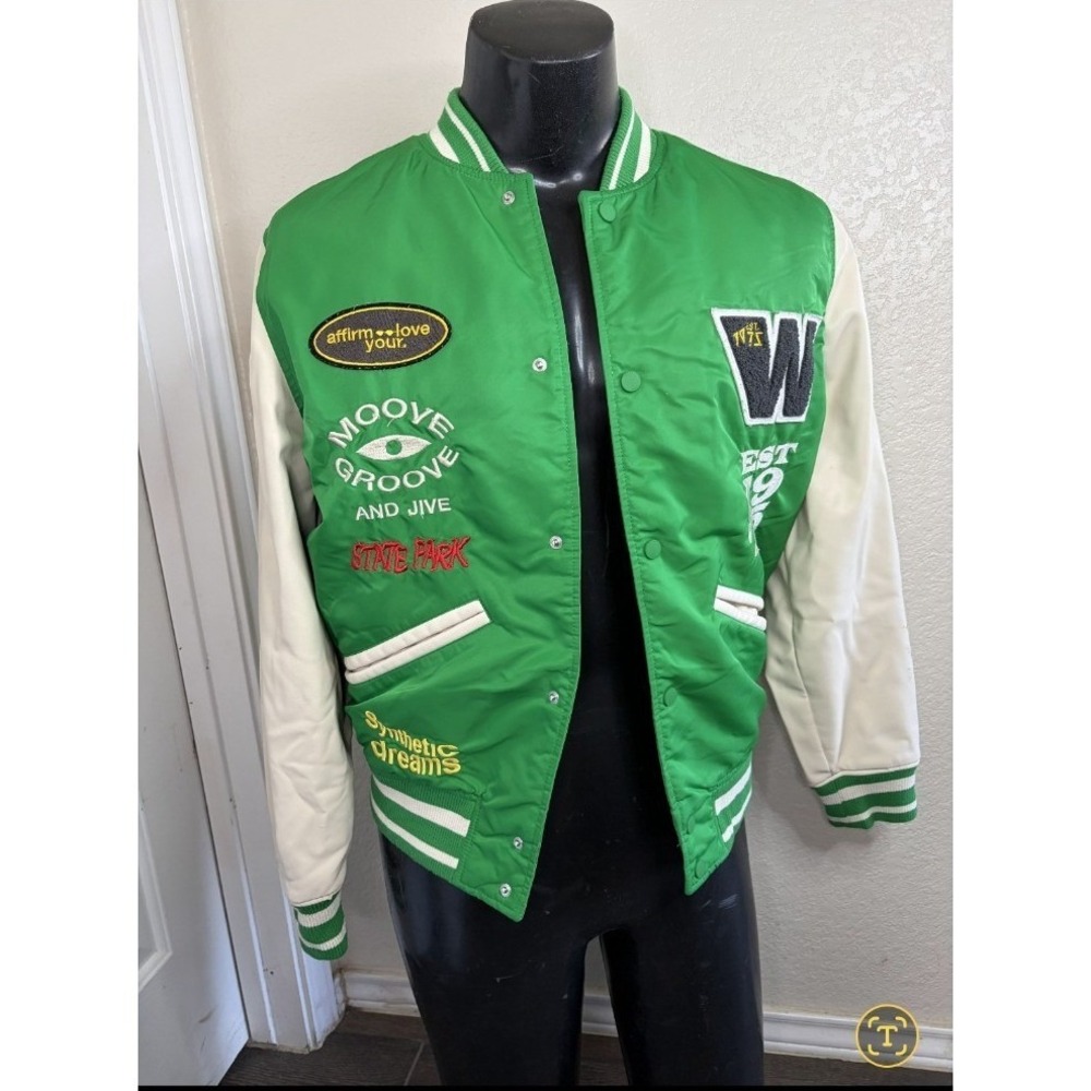Zara Mens Green Varsity Bomber Jacket Feeling Universal Patchwork Small